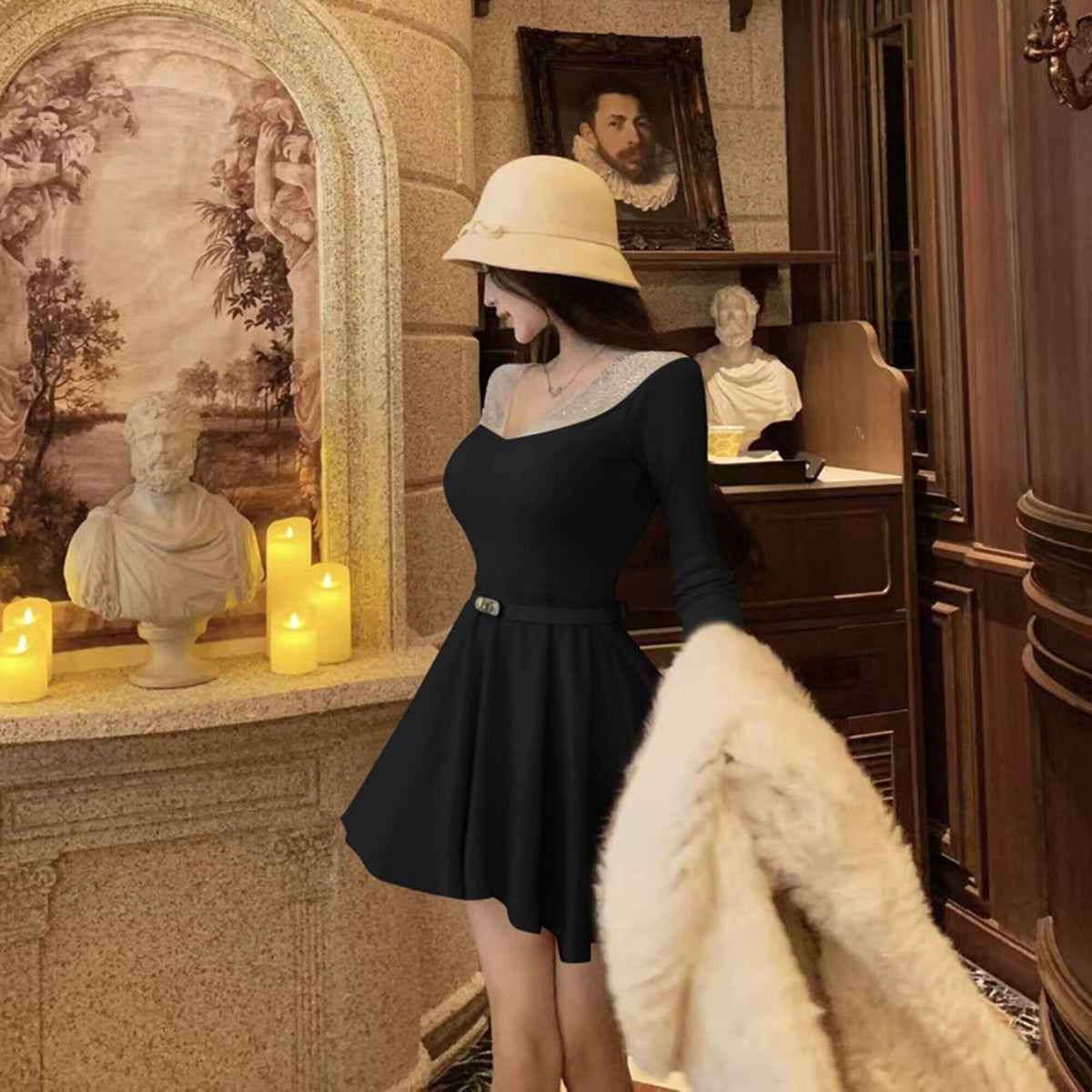 【dress】ラインストーンチュールニットミニワンピース　N3508