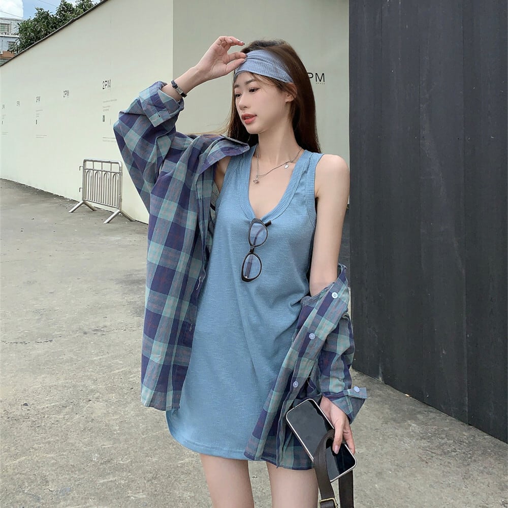 【set】ノースリーブトップス×チェック柄シャツセット　M25109