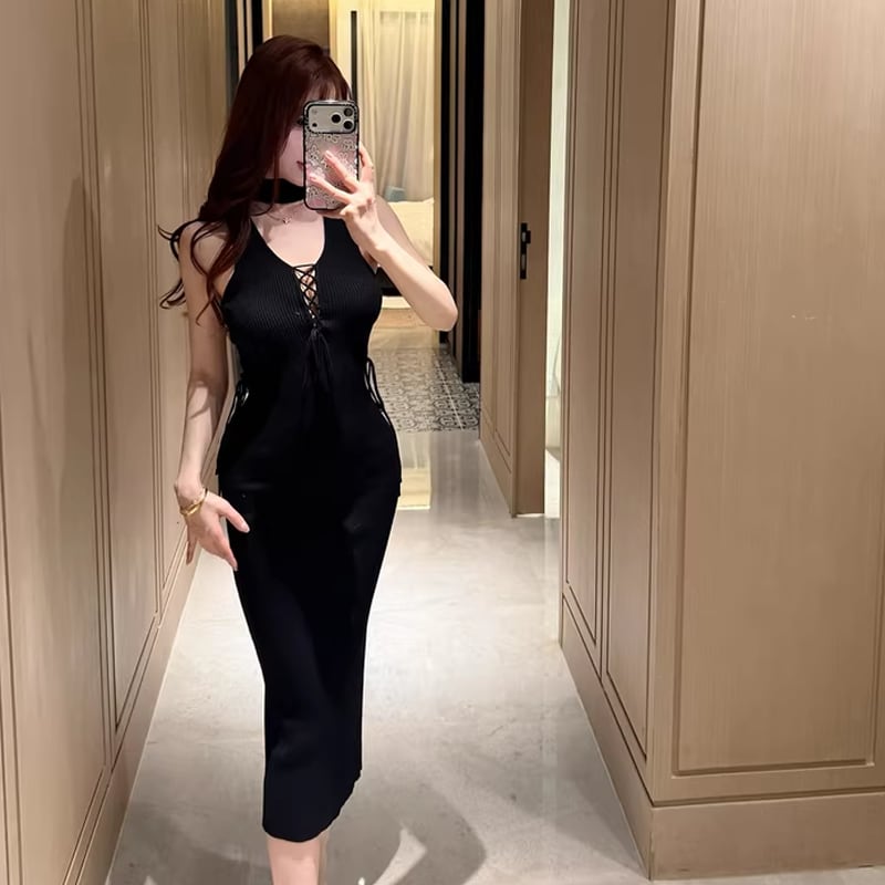 【dress】ストラップデザインロングニットキャミワンピース Q7803