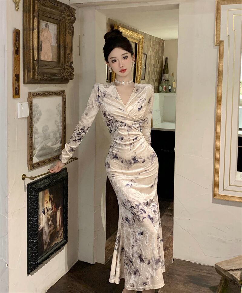 【dress】Vネックプリントワンピース G19641