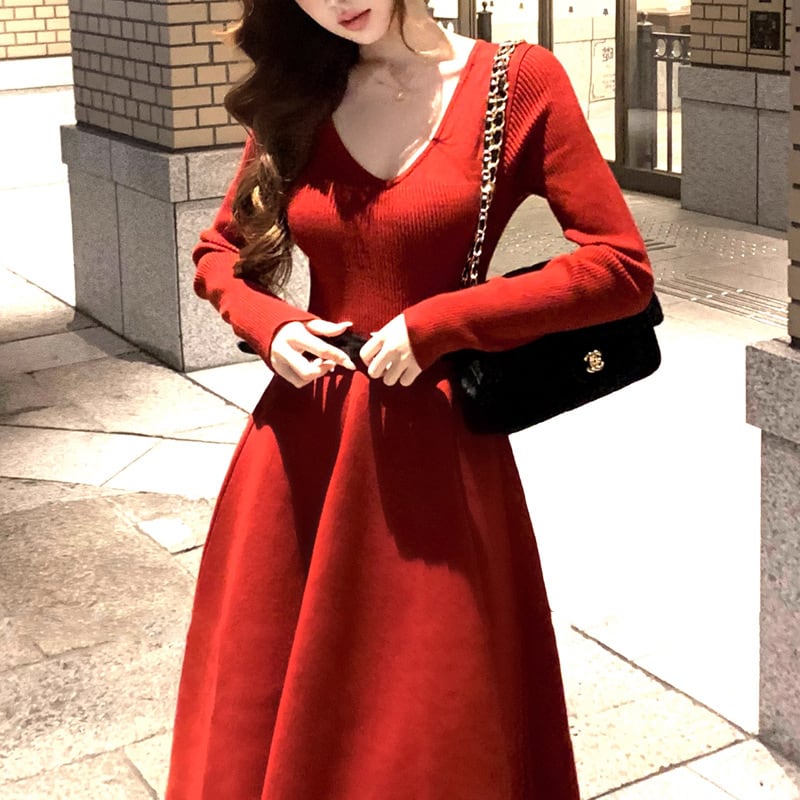 【dress】ベルト付きフレアロングニットワンピース Q7824