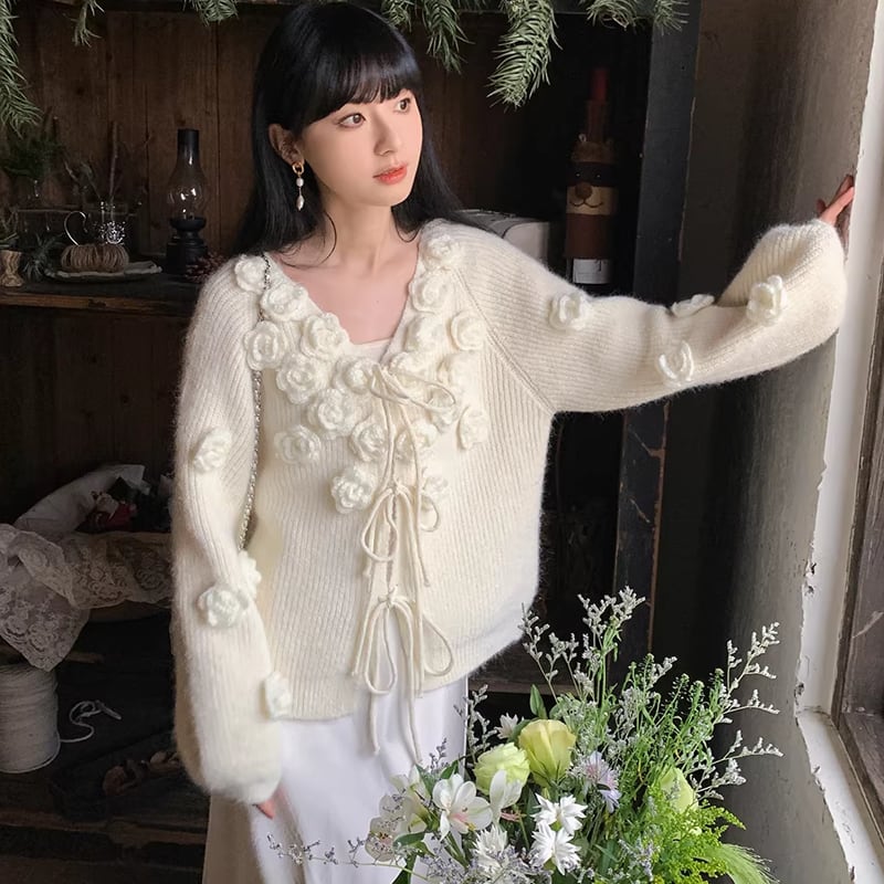 【tops】立体感フラワーニットトップス Q7782