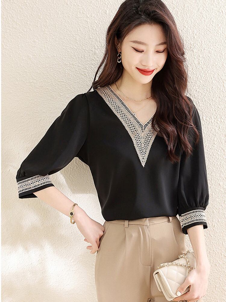 【tops】Vネック5分袖ブラウスG21081