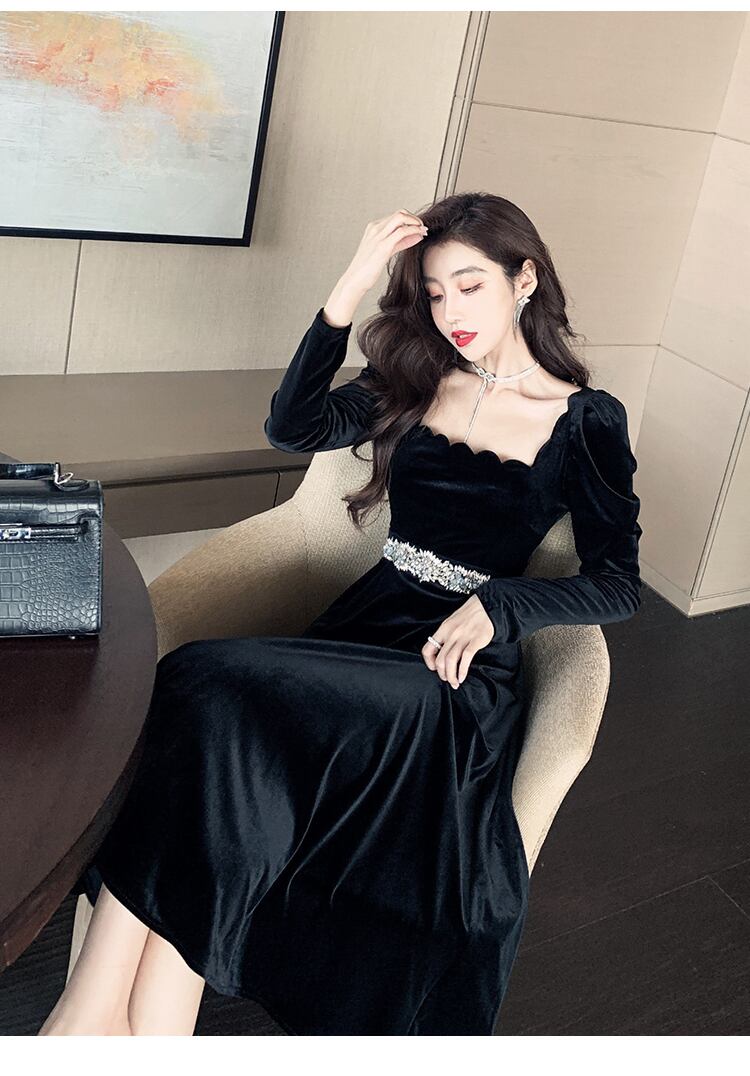 【dress】美人度アップ!気質満点ハイウエスト長袖 スクエアネックワンピース G1418