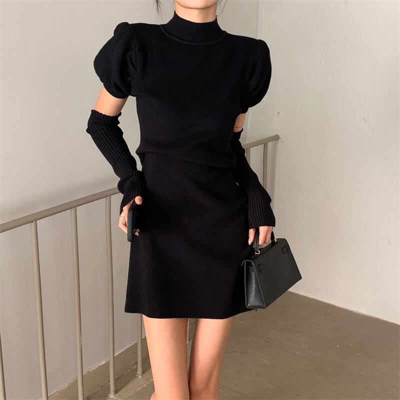 【dress】美人度アップ!気質満点アームカバー付きタイトセクシーギャルニットワンピース G10003