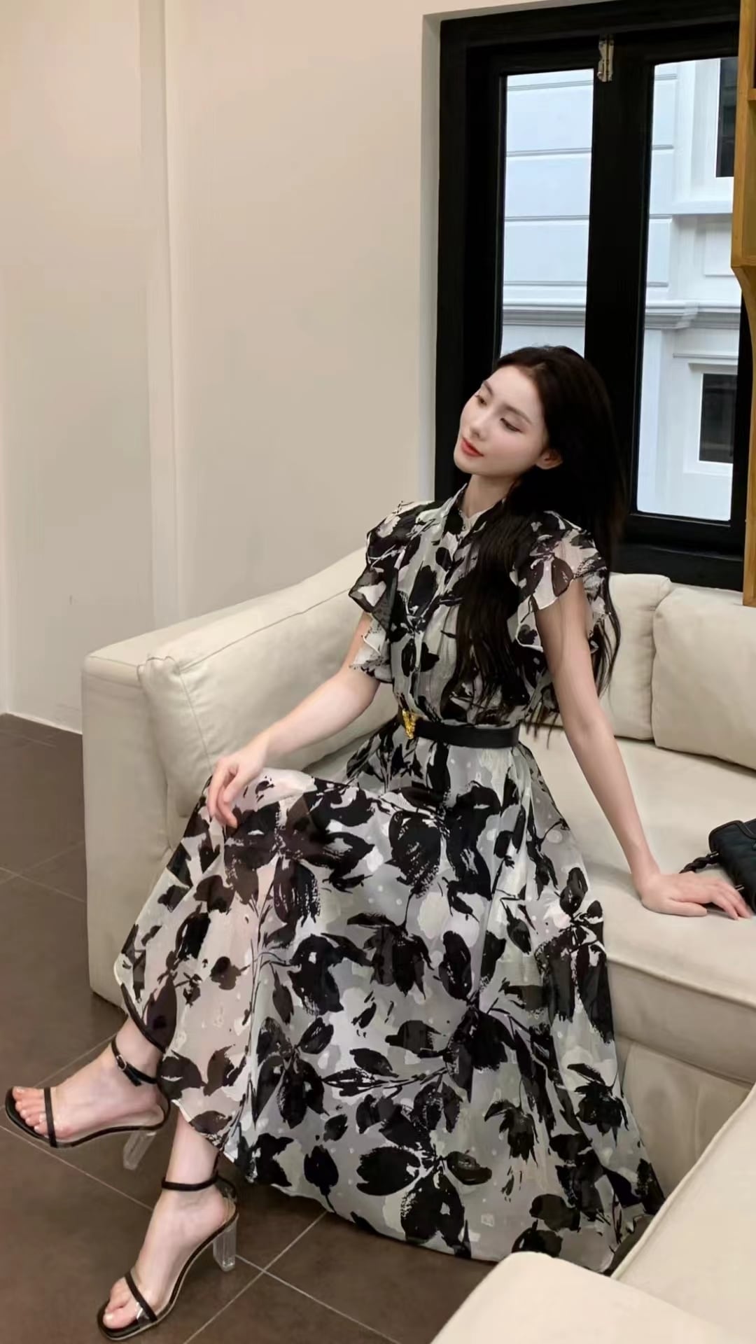 【dress】フレンチスリーブプリントワンピースF7479