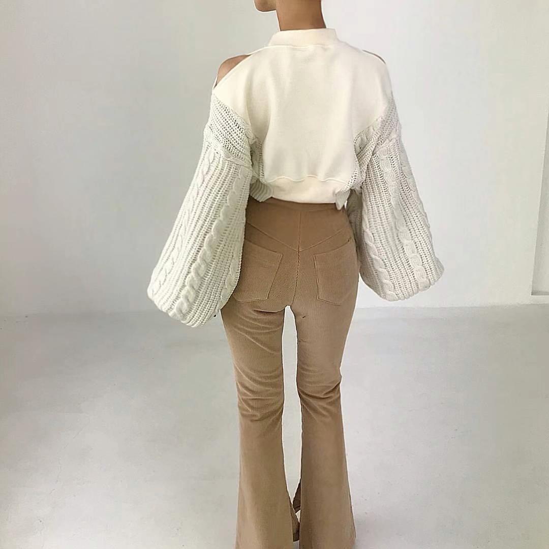 【tops】ニット切り替えオフショルダープルオーバー　M26064