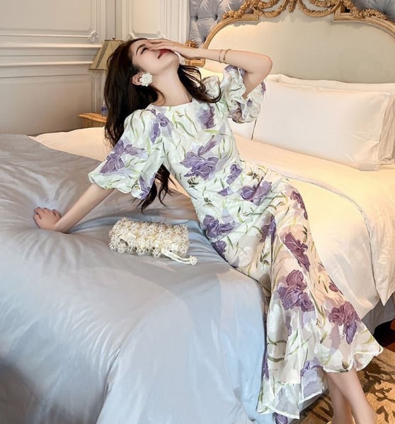 【dress】オシャレ度満点〜OL通勤夏新作ラウンドネック半袖パフ袖花柄配色ワンピースF5441