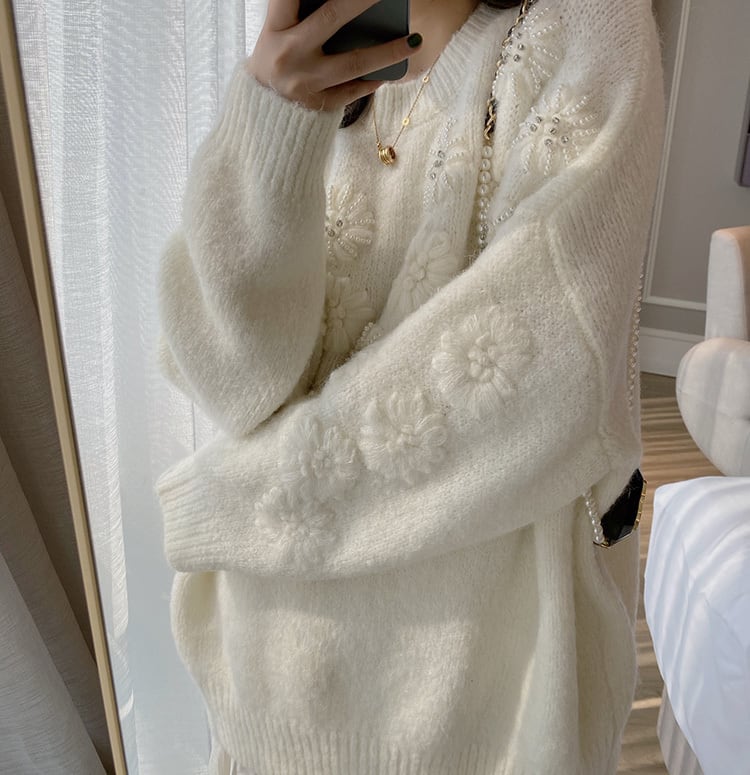 【tops】立体フラワーパールニットトップス　N2807
