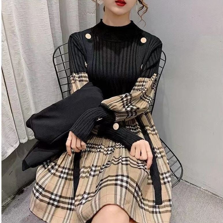 【dress】長袖切り替えチェック柄ワンピースF8136