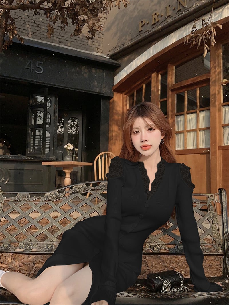 【dress】レースドッキングニットワンピース Q7121