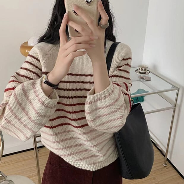 【tops】ボーダー柄ニットセーター　M28749