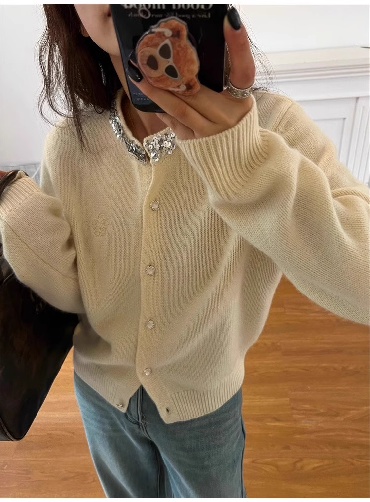 【outer】ラウンドネック長袖ニットカーディガンF8251