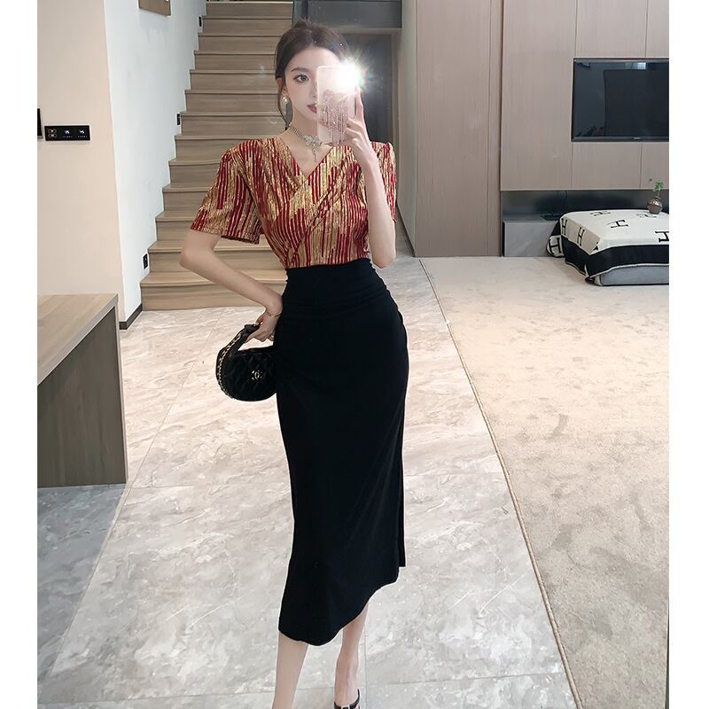 【dress】Vネック切り替えスリットワンピース G21104