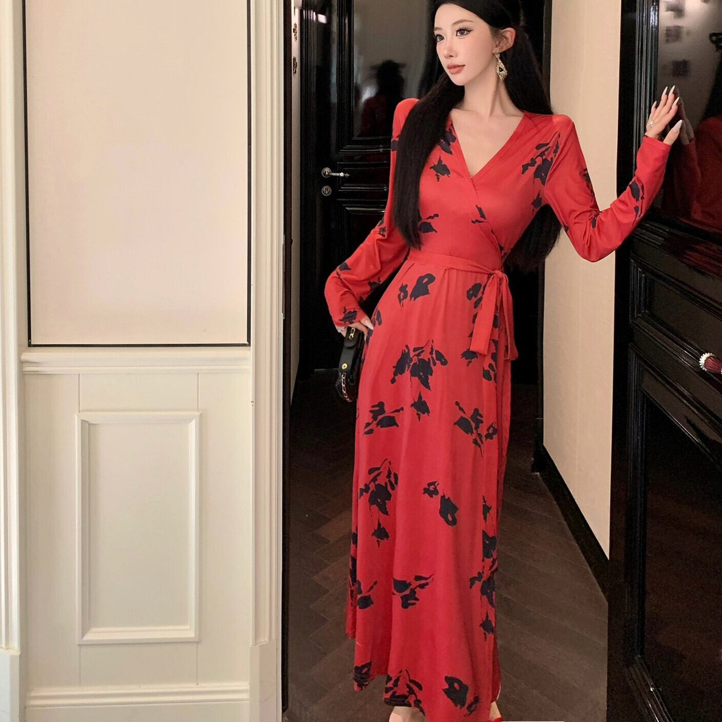 【dress】Vネックプリントワンピース　M29347