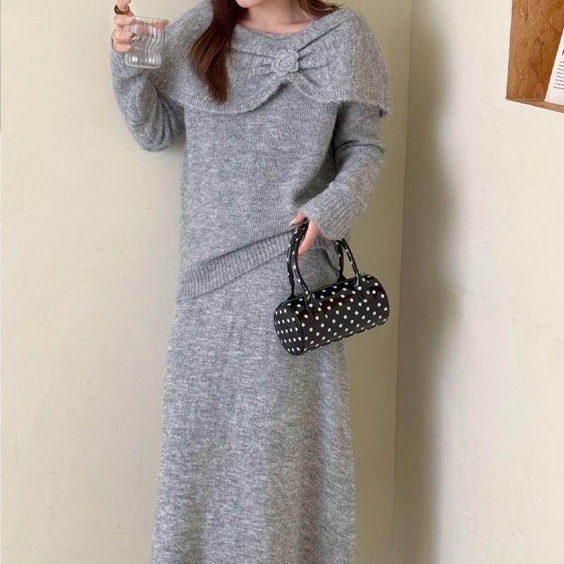【set】ビッグカラーニットトップス×ロングスカートセット Q6955