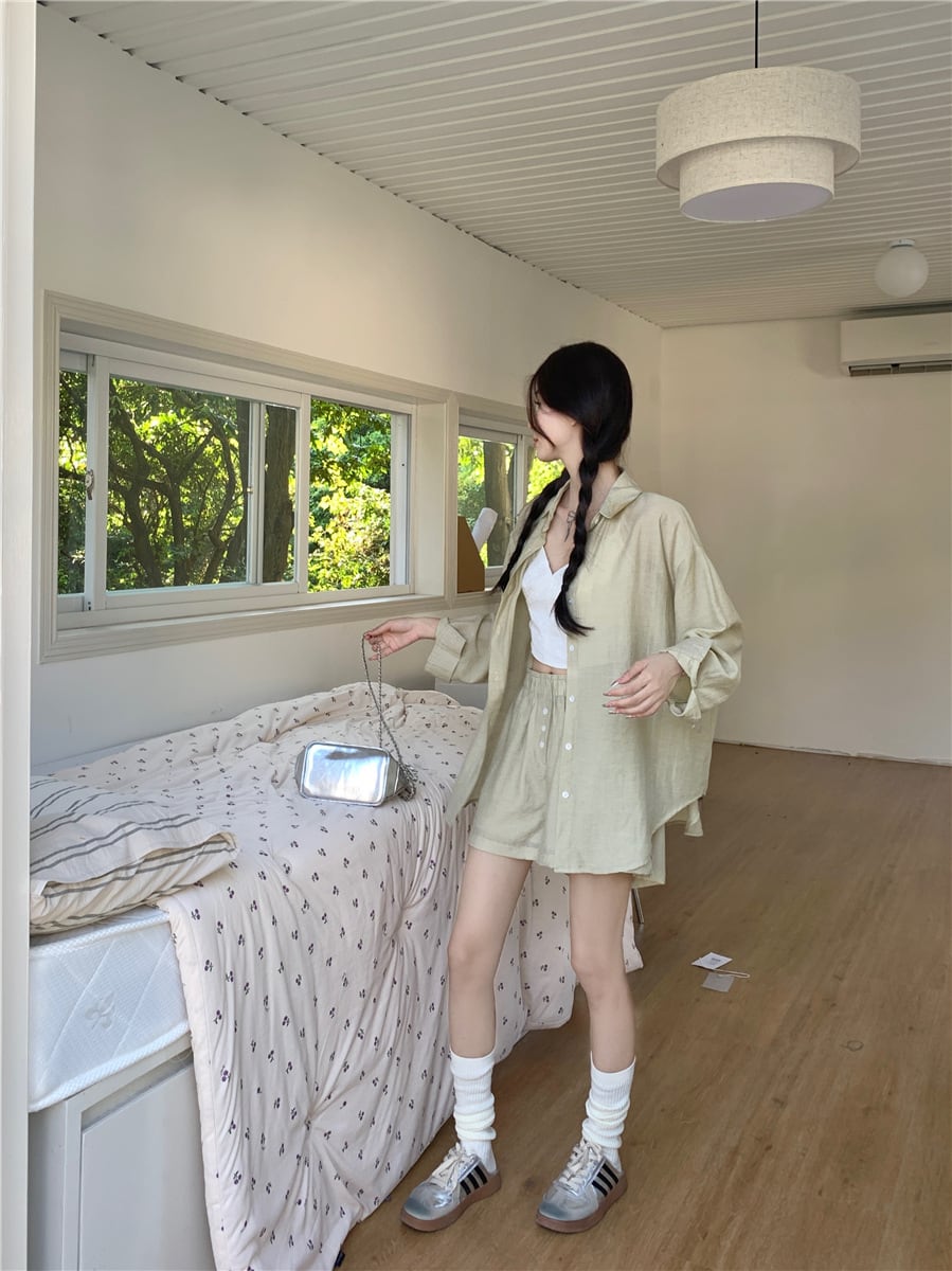 【set】薄手ブラウス+ハイウエストショートパンツ２点セットG21291