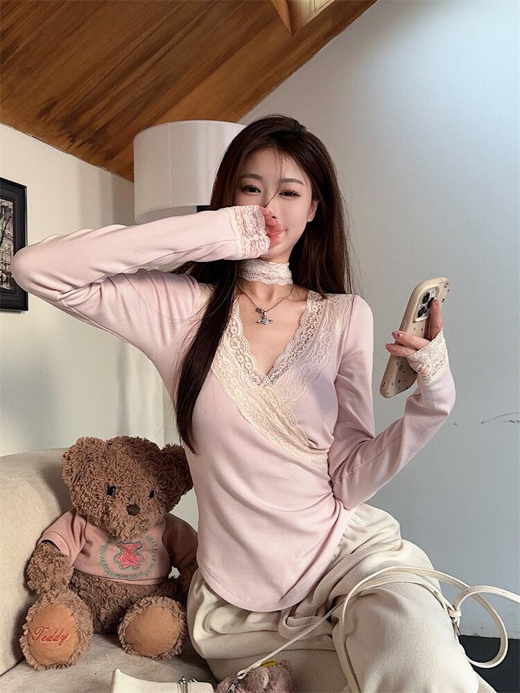【tops】レース切り替え長袖シャツ　M28348