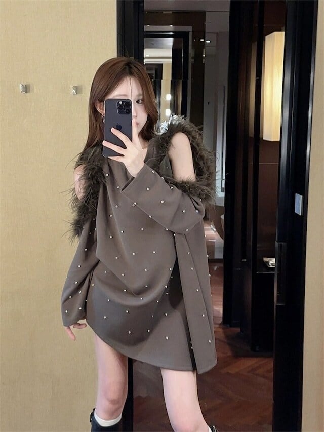 【tops】エコファー肩開きビジューパーカーF6187