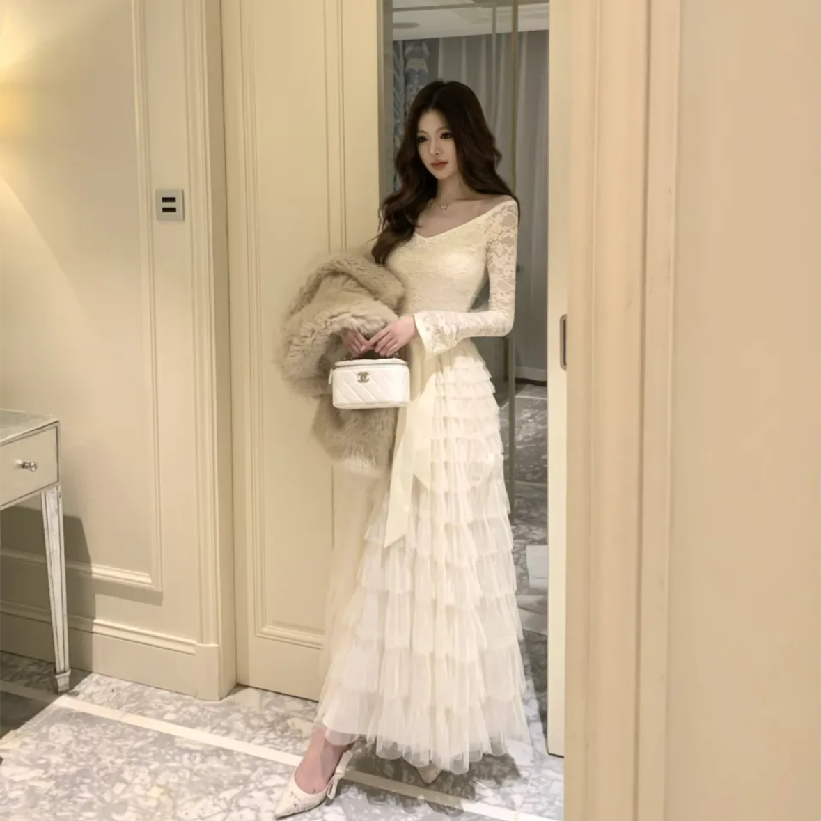 【dress】レースドッキングティアードワンピース　N3475