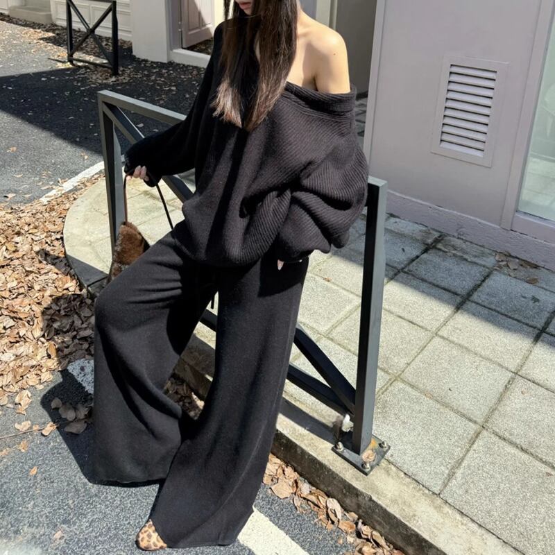 【set】Vネックニットトップス×ワイドパンツセット Q7156