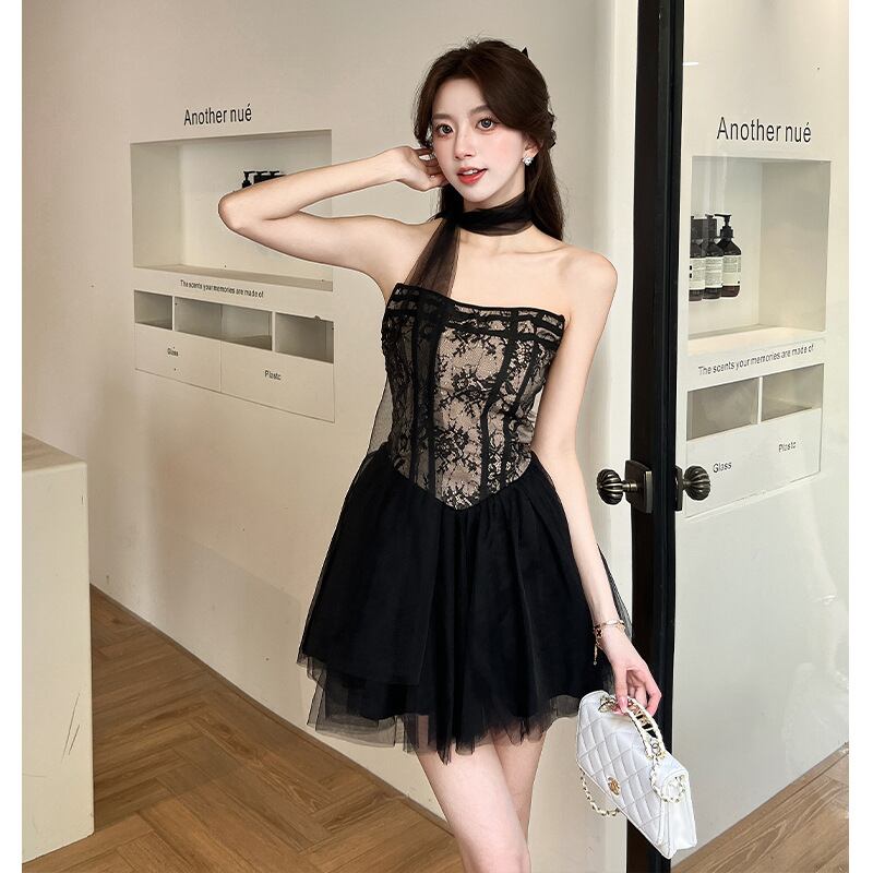 【dress】レース切り替えチュールワンピース　M29849