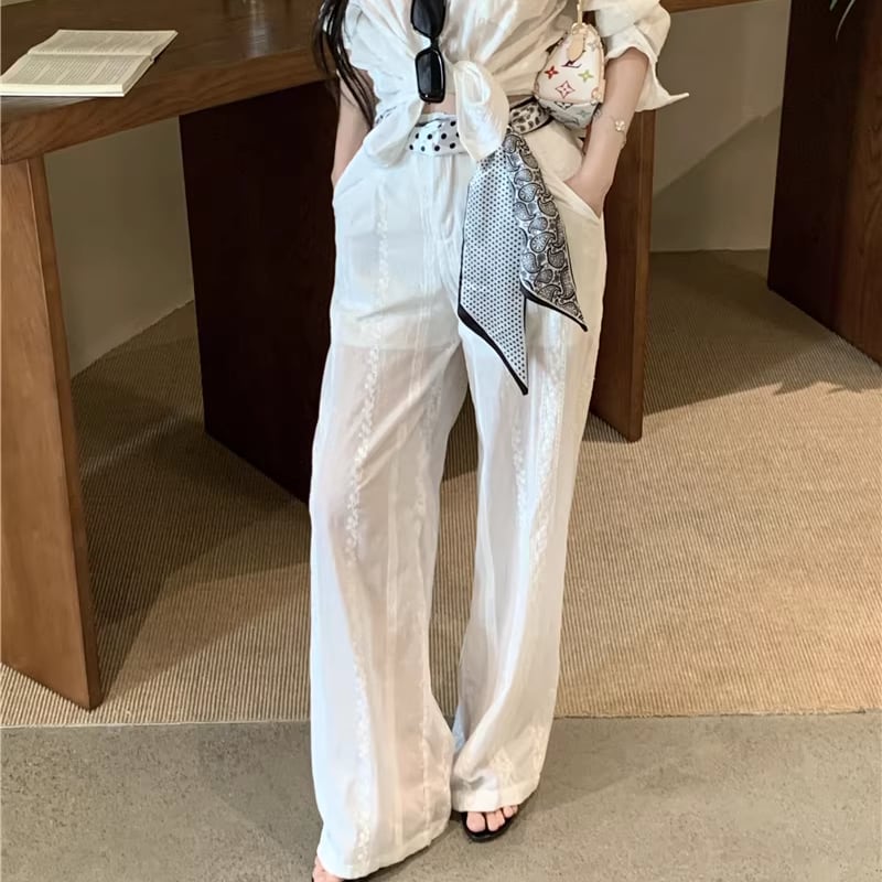 【set】レースドッキングシャツ×スカーフ付きワイドパンツセット Q8074