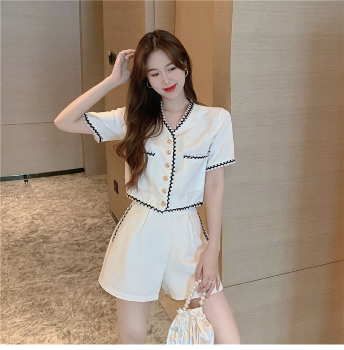 【set】半袖ブラウス+ギャザーショートパンツ２点セット F7361