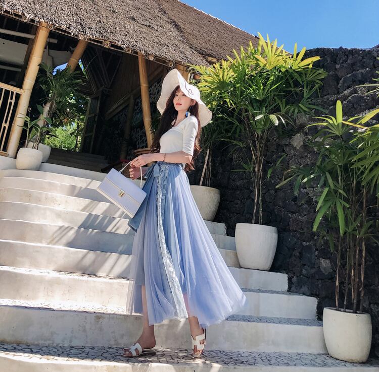 【bottoms】春夏気質アップINS風着痩せハイウエスト花柄メッシュスカート