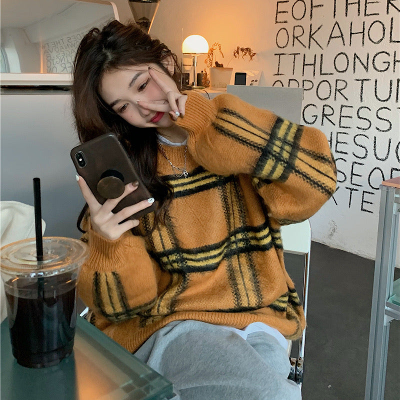 【tops】ラウンドネック長袖ニットセーターF8258