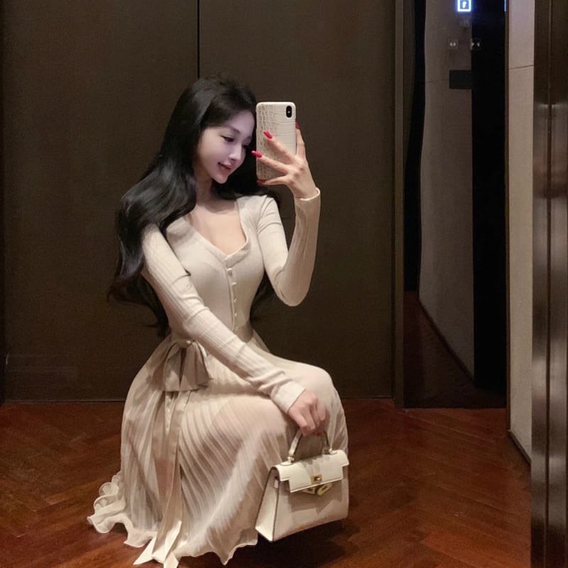 【dress】リボン付きプリーツニットワンピース Q7283