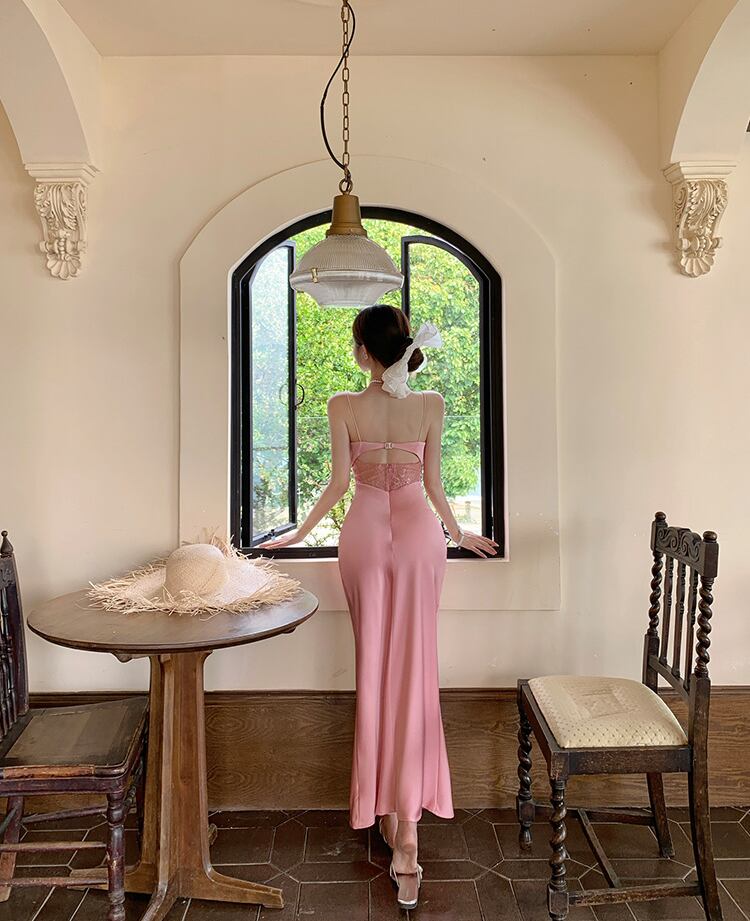 【dress】レースドッキングロングホルターネックワンピース Q7581
