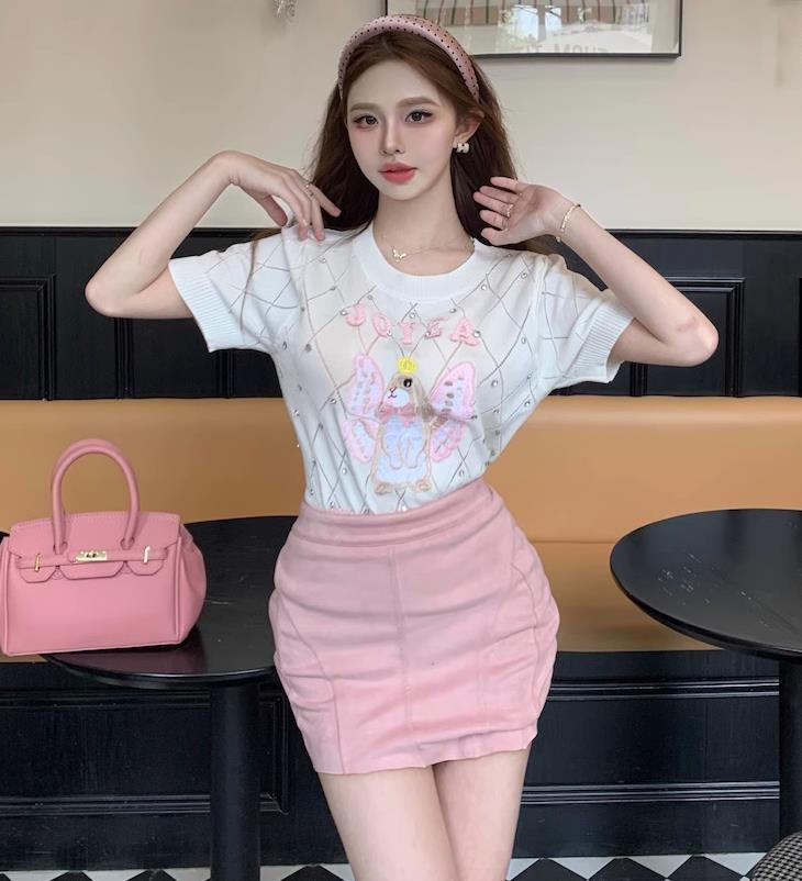 【tops】長袖ラインストーンニットＴシャツF7068