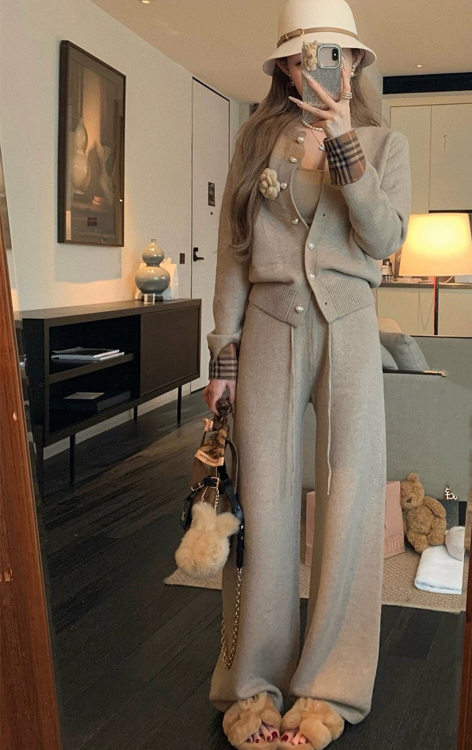 【set】チェック柄切り替えニットカーディガン×ワイドパンツセット　N3307