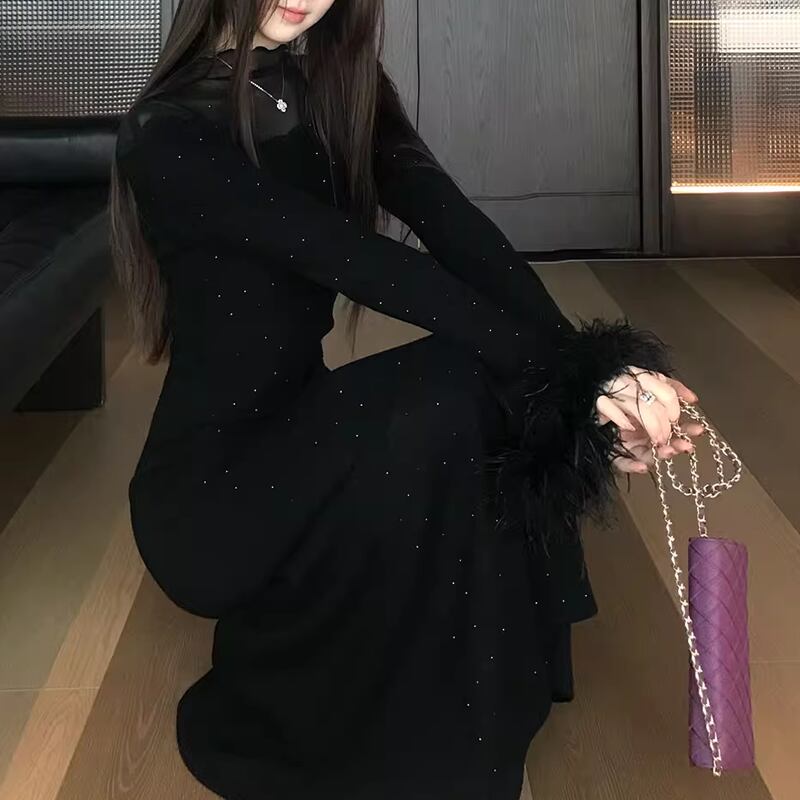 【dress】袖ファーチュールドッキングニットワンピース Q7559