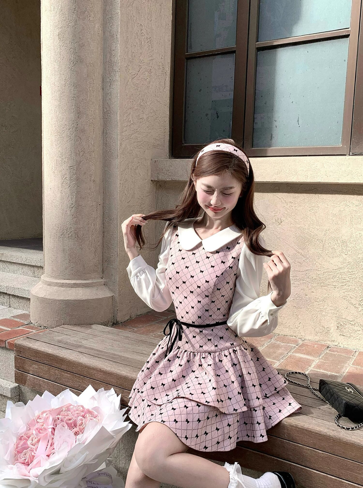 【dress】ピーターパンカラーフェイクレイヤードワンピース Q7570
