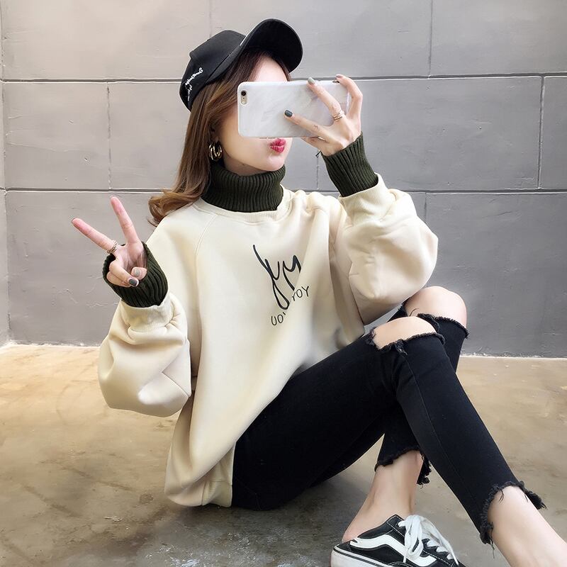 【tops】店長推薦秋冬新作2色ハイネック長袖英字柄配色ゆったり切り替え着回しパーカーF0904