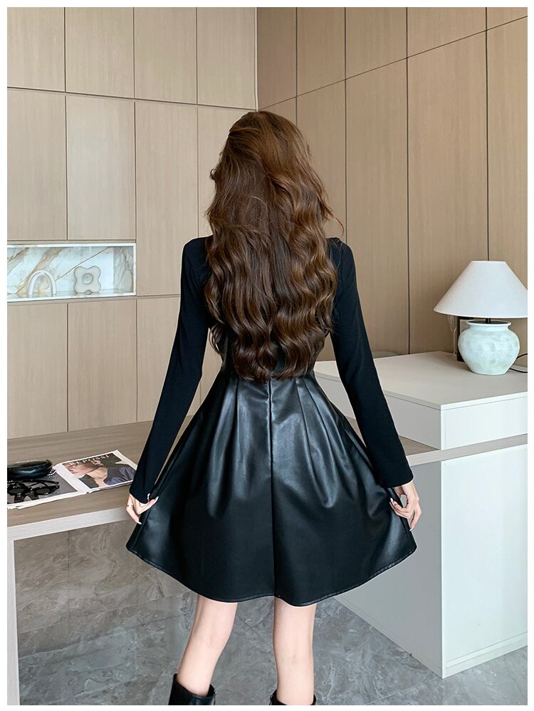 【set】長袖トップス×レザーキャミワンピースセット　N2024