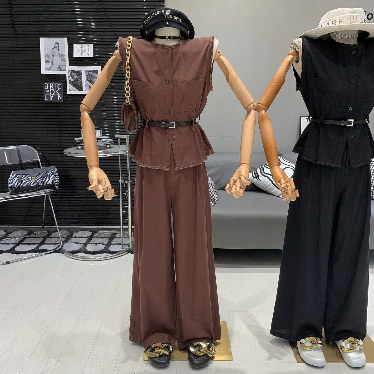 【set】ノースリーブトップス+ワイドパンツセットベルト付き　M24993