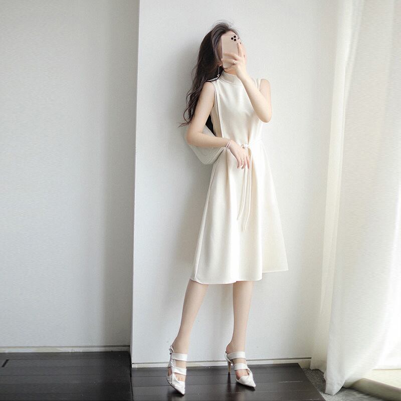 【dress】女性力を高める〜エレガントOL通勤ハーフネックノースリーブ無地韓国ファッションワンピースF2161