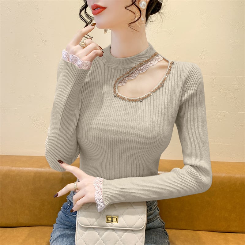 【tops】レース切り替えニットトップス　M28664