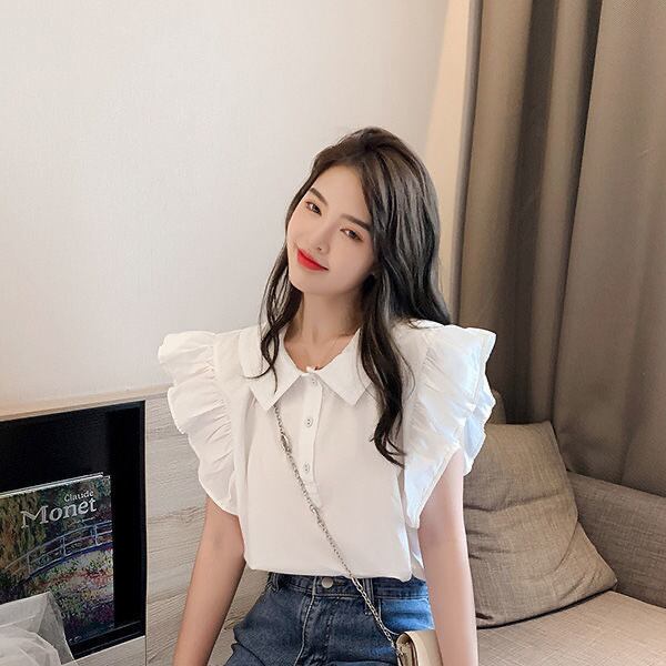 【tops】POLOネックフリル2色ブラウスF7298