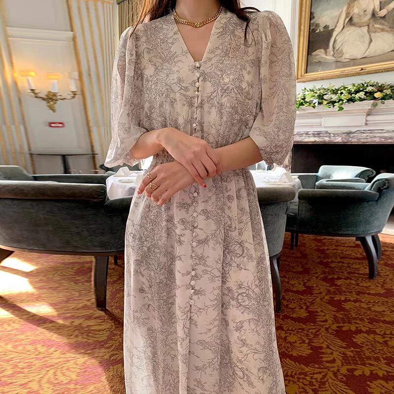 【dress】Vネック花柄シフォンワンピース G20747