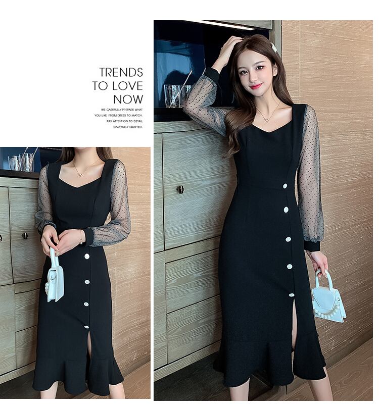 【dress】ファッション!気質満点スクエアネック無地Aライン着痩せワンピース G1660