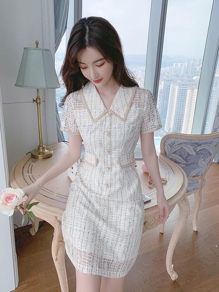 【dress】美人度アップ!気質満点折り襟夏透かし彫り着痩せ ワンピース G0465