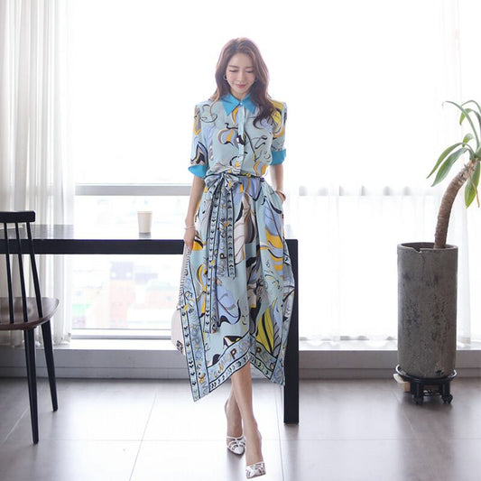 【dress】韓国風気質満点ファッション折り襟不規則 プリントワンピース G0398