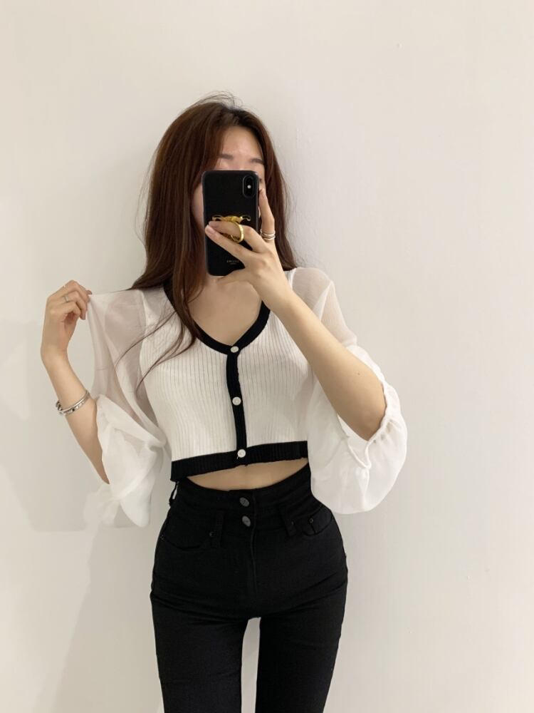 【tops】Vネック ランタンスリーブ切り替えトップスニット G15684