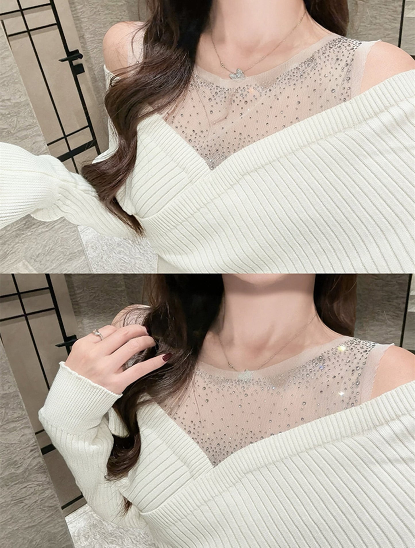 【tops】ラインストーンチュールレイヤードオフショルニット　N3507