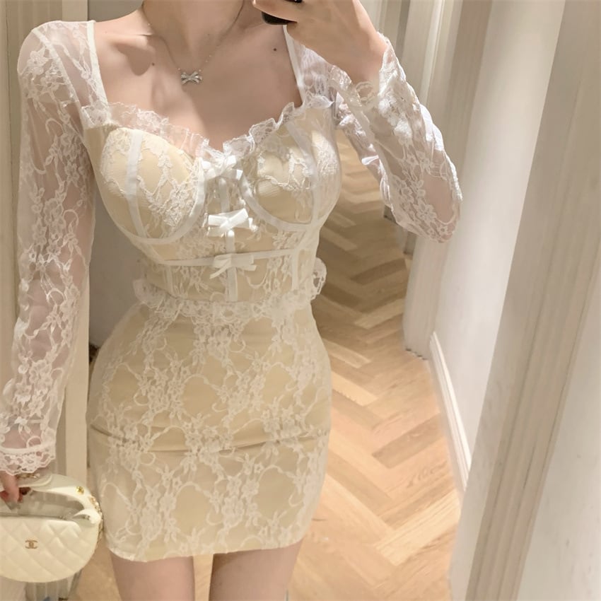 【dress】リボン付きレース切り替えワンピース　M26395