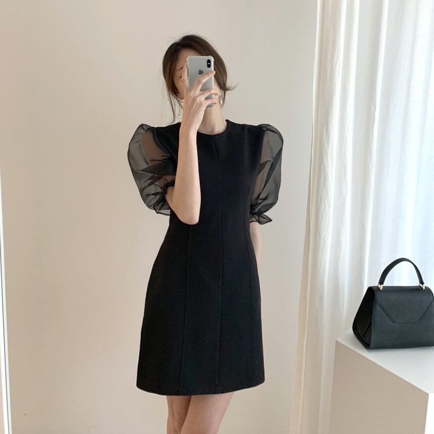 【dress】チュールスリーブ切り替えワンピース　M23986
